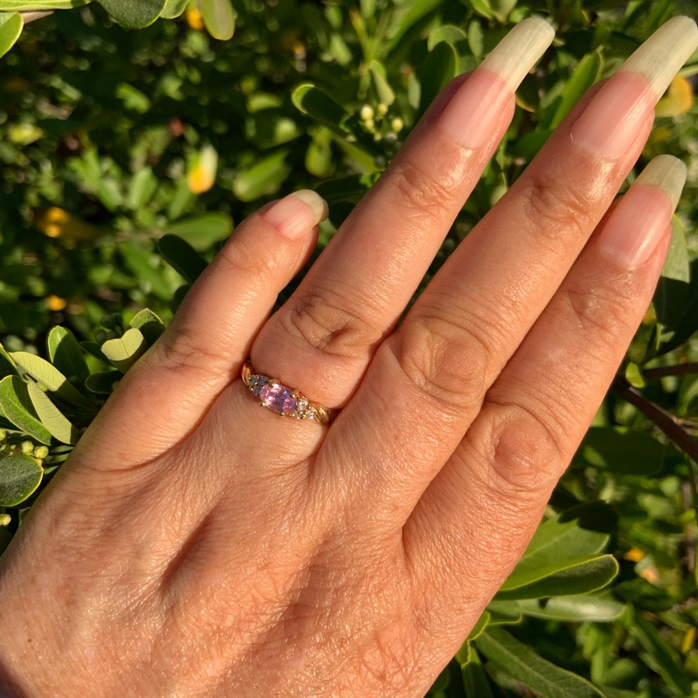 Lovely Vintage 14KT Yellow Gold Pink Topaz and Diamond Ring